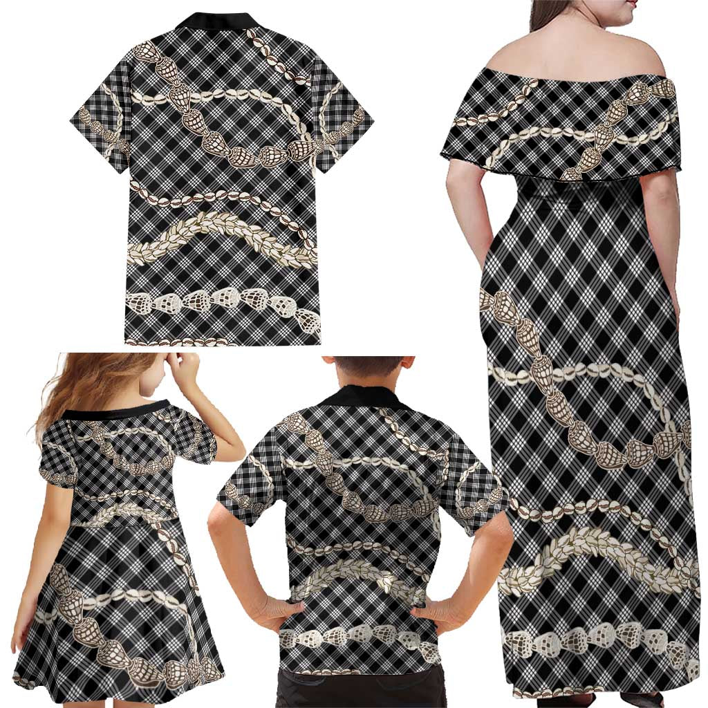 Black Aloha Hawaii Shell Lei Family Matching Off Shoulder Maxi Dress and Hawaiian Shirt Palaka Hebrew Cone Honey Cowrie Elegant Curves - Polynesian Pride