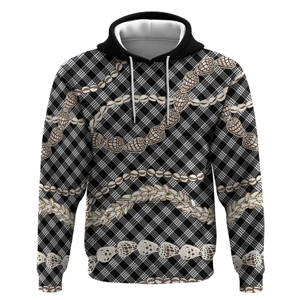 Black Aloha Hawaii Shell Lei Hoodie Palaka Hebrew Cone Honey Cowrie Elegant Curves - Polynesian Pride