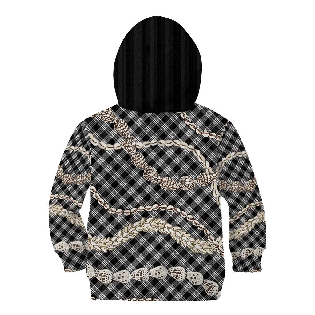 Black Aloha Hawaii Shell Lei Kid Hoodie Palaka Hebrew Cone Honey Cowrie Elegant Curves - Polynesian Pride