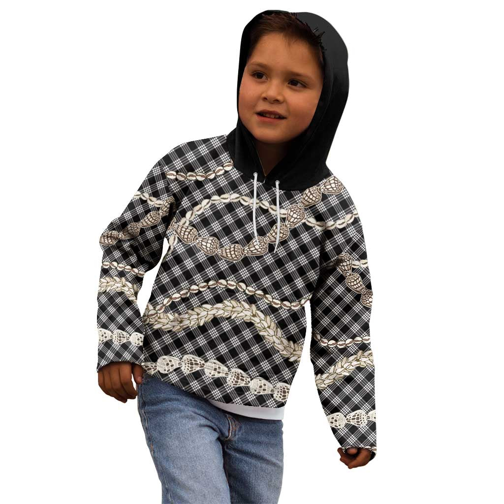Black Aloha Hawaii Shell Lei Kid Hoodie Palaka Hebrew Cone Honey Cowrie Elegant Curves - Polynesian Pride