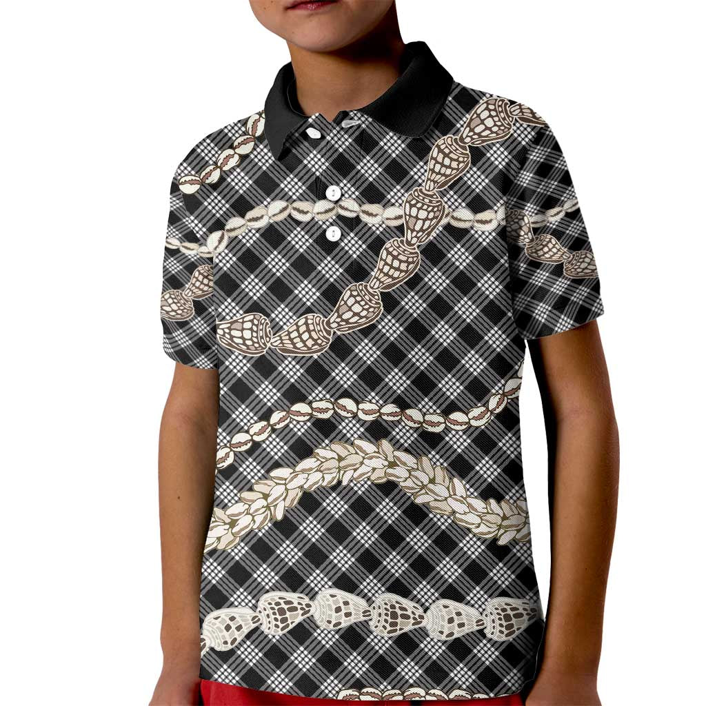 Black Aloha Hawaii Shell Lei Kid Polo Shirt Palaka Hebrew Cone Honey Cowrie Elegant Curves - Polynesian Pride