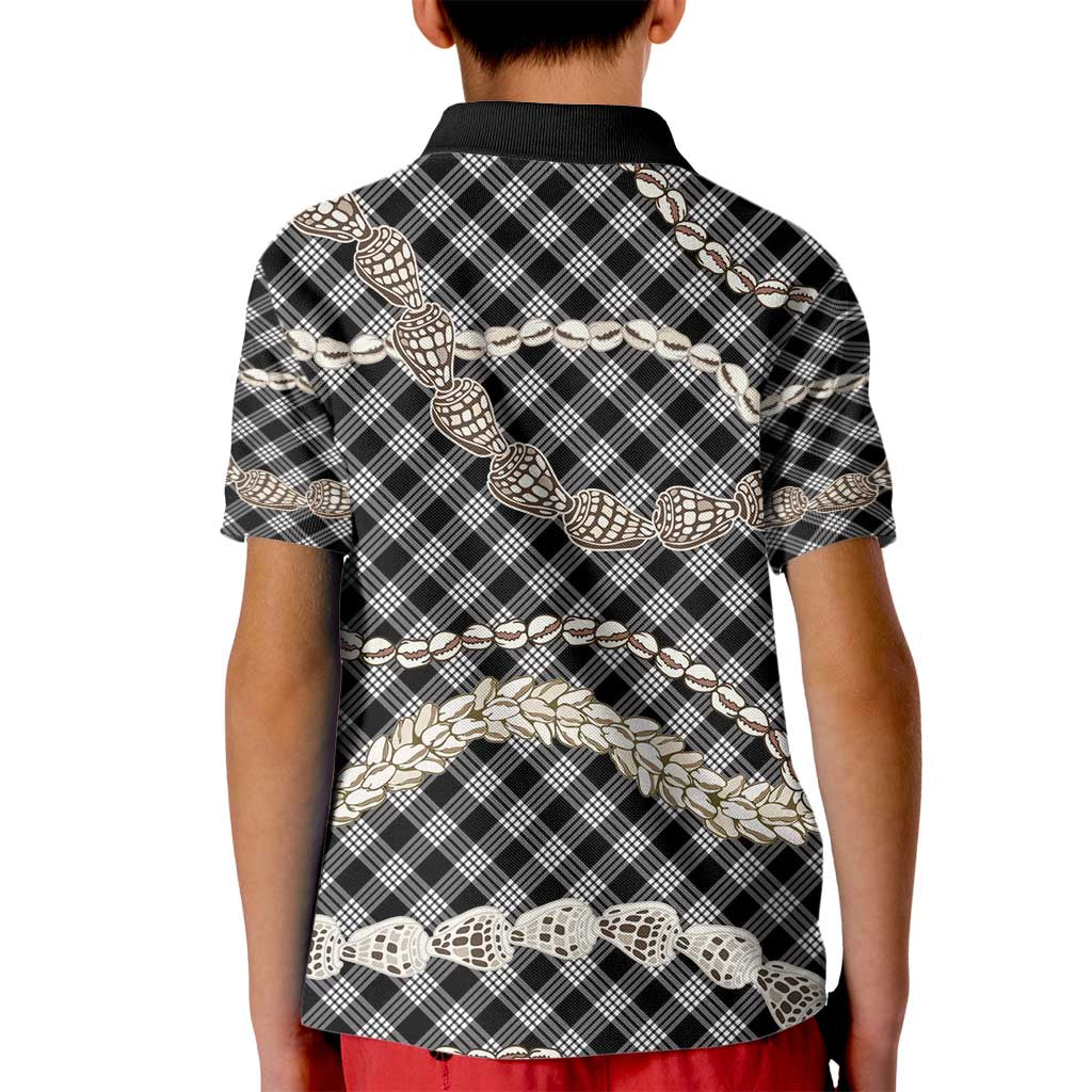 Black Aloha Hawaii Shell Lei Kid Polo Shirt Palaka Hebrew Cone Honey Cowrie Elegant Curves - Polynesian Pride