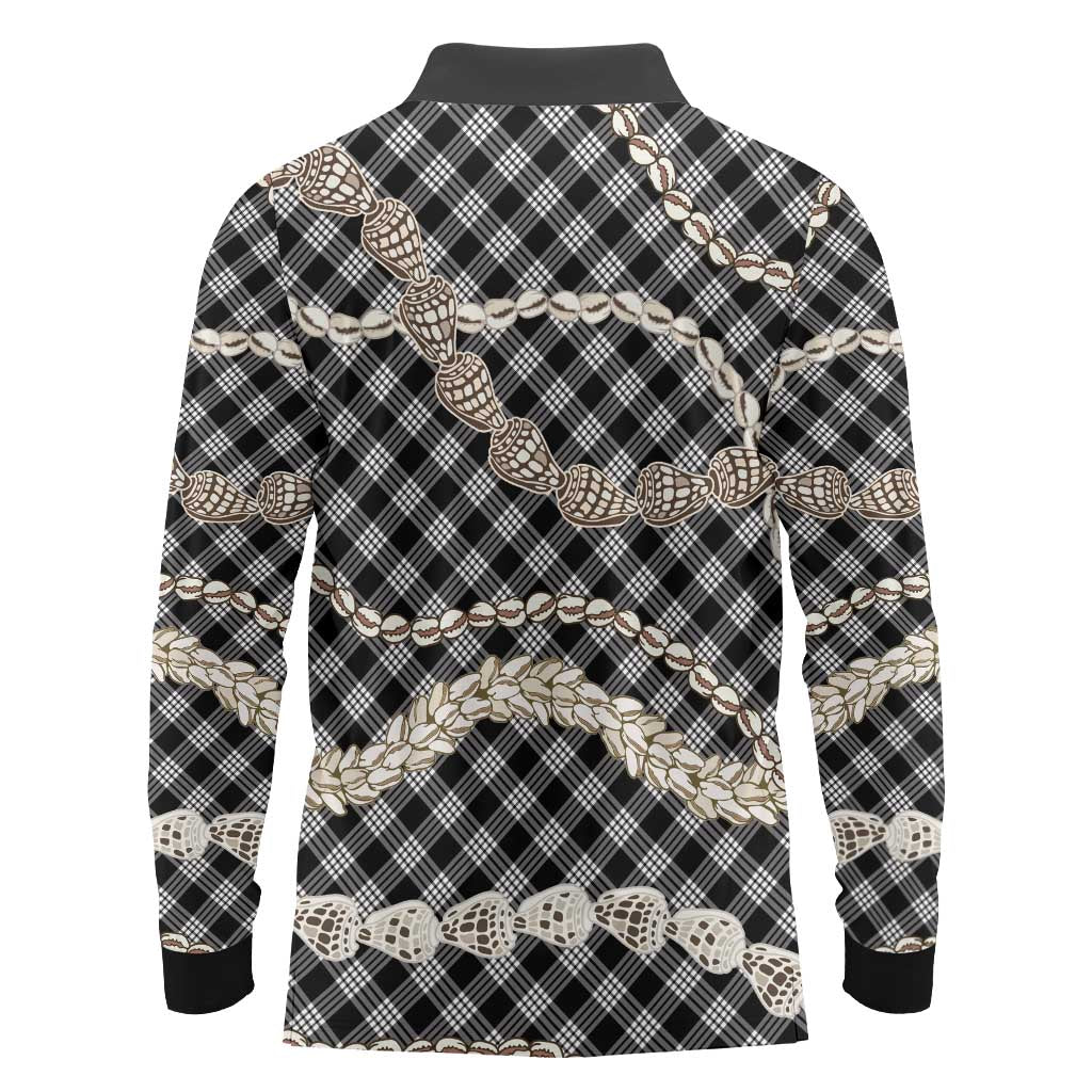 Black Aloha Hawaii Shell Lei Long Sleeve Polo Shirt Palaka Hebrew Cone Honey Cowrie Elegant Curves - Polynesian Pride
