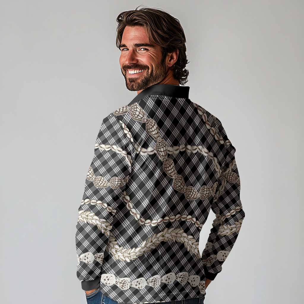 Black Aloha Hawaii Shell Lei Long Sleeve Polo Shirt Palaka Hebrew Cone Honey Cowrie Elegant Curves - Polynesian Pride