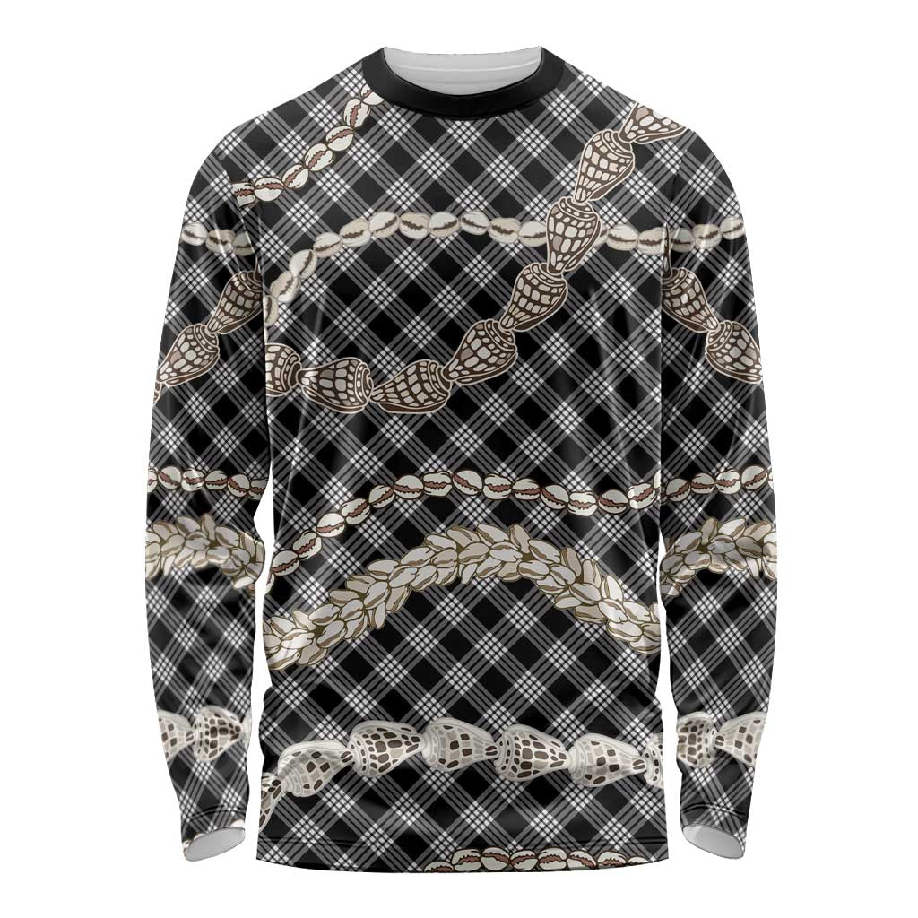 Black Aloha Hawaii Shell Lei Long Sleeve Shirt Palaka Hebrew Cone Honey Cowrie Elegant Curves - Polynesian Pride
