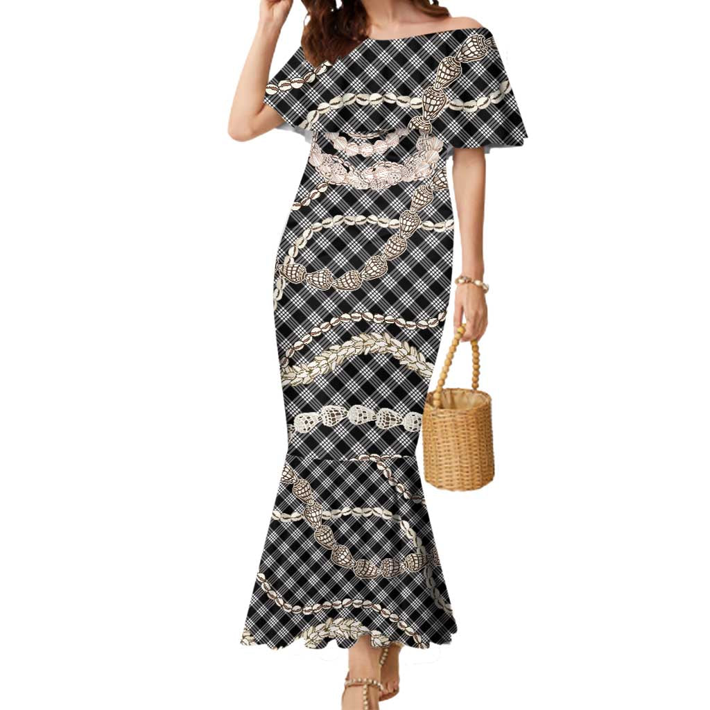 Black Aloha Hawaii Shell Lei Mermaid Dress Palaka Hebrew Cone Honey Cowrie Elegant Curves - Polynesian Pride