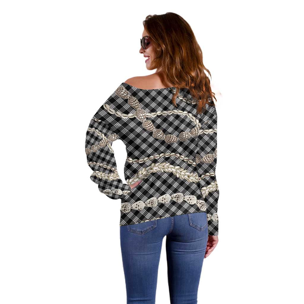 Black Aloha Hawaii Shell Lei Off Shoulder Sweater Palaka Hebrew Cone Honey Cowrie Elegant Curves - Polynesian Pride