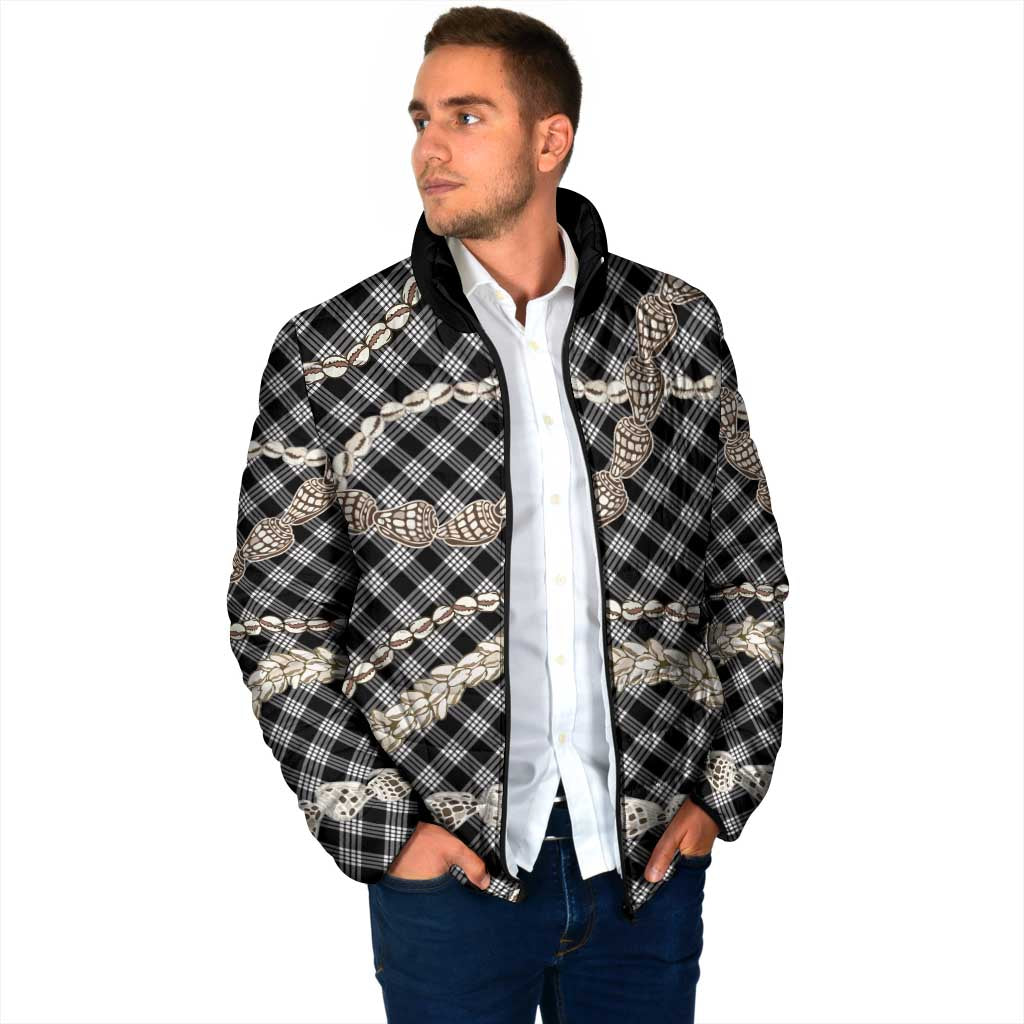 Black Aloha Hawaii Shell Lei Padded Jacket Palaka Hebrew Cone Honey Cowrie Elegant Curves - Polynesian Pride