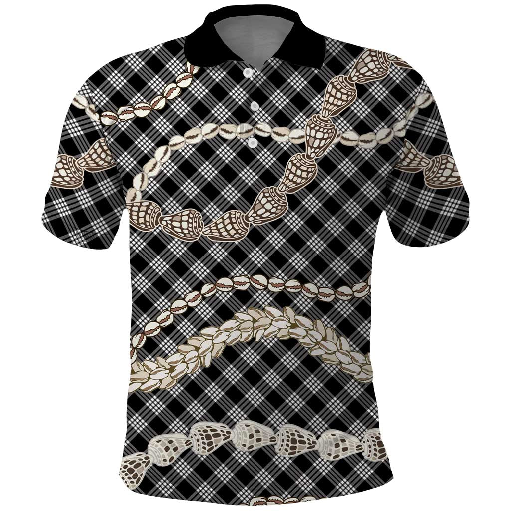 Black Aloha Hawaii Shell Lei Polo Shirt Palaka Hebrew Cone Honey Cowrie Elegant Curves - Polynesian Pride