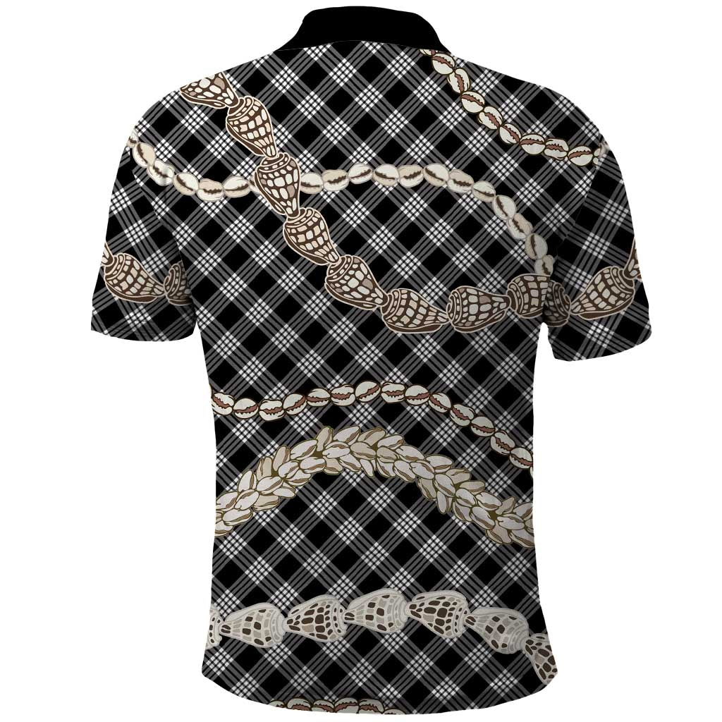 Black Aloha Hawaii Shell Lei Polo Shirt Palaka Hebrew Cone Honey Cowrie Elegant Curves - Polynesian Pride