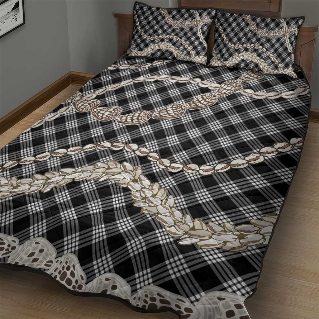 Black Aloha Hawaii Shell Lei Quilt Bed Set Palaka Hebrew Cone Honey Cowrie Elegant Curves - Polynesian Pride