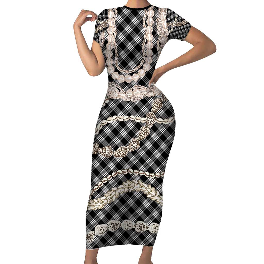 Black Aloha Hawaii Shell Lei Short Sleeve Bodycon Dress Palaka Hebrew Cone Honey Cowrie Elegant Curves - Polynesian Pride