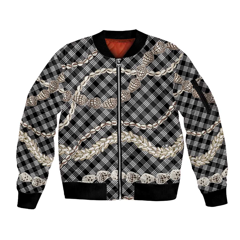 Black Aloha Hawaii Shell Lei Sleeve Zip Bomber Jacket Palaka Hebrew Cone Honey Cowrie Elegant Curves - Polynesian Pride