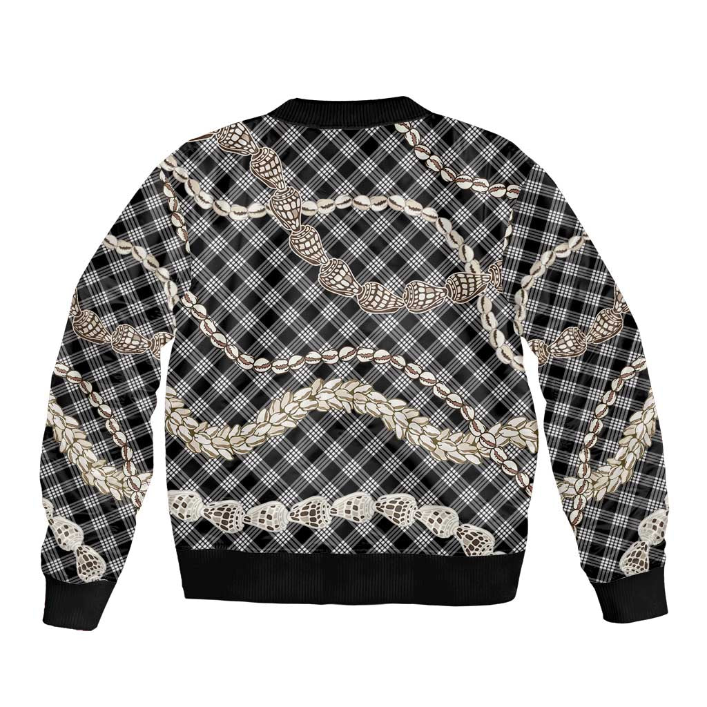 Black Aloha Hawaii Shell Lei Sleeve Zip Bomber Jacket Palaka Hebrew Cone Honey Cowrie Elegant Curves - Polynesian Pride