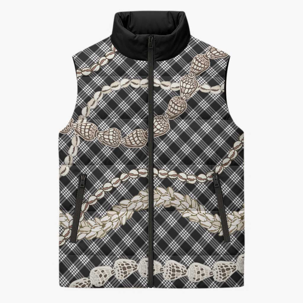 Black Aloha Hawaii Shell Lei Sleeveless Puffer Jacket Palaka Hebrew Cone Honey Cowrie Elegant Curves - Polynesian Pride
