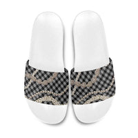 Black Aloha Hawaii Shell Lei Slide Sandals Palaka Hebrew Cone Honey Cowrie Elegant Curves - Polynesian Pride