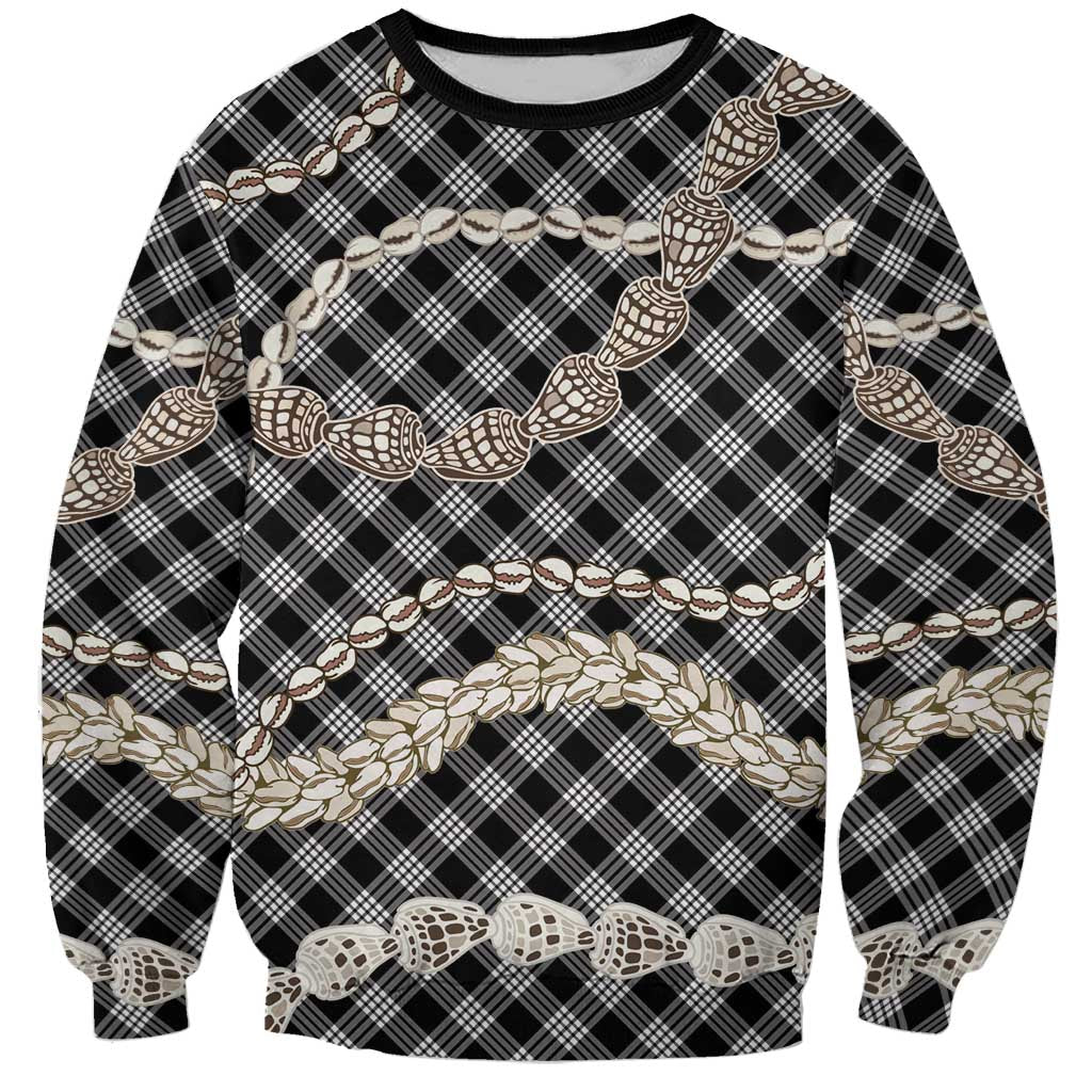 Black Aloha Hawaii Shell Lei Sweatshirt Palaka Hebrew Cone Honey Cowrie Elegant Curves - Polynesian Pride