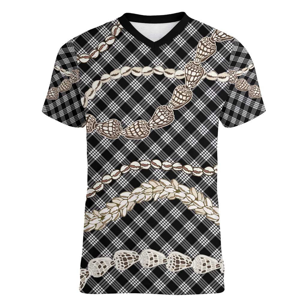 Black Aloha Hawaii Shell Lei Women V-Neck T-Shirt Palaka Hebrew Cone Honey Cowrie Elegant Curves - Polynesian Pride