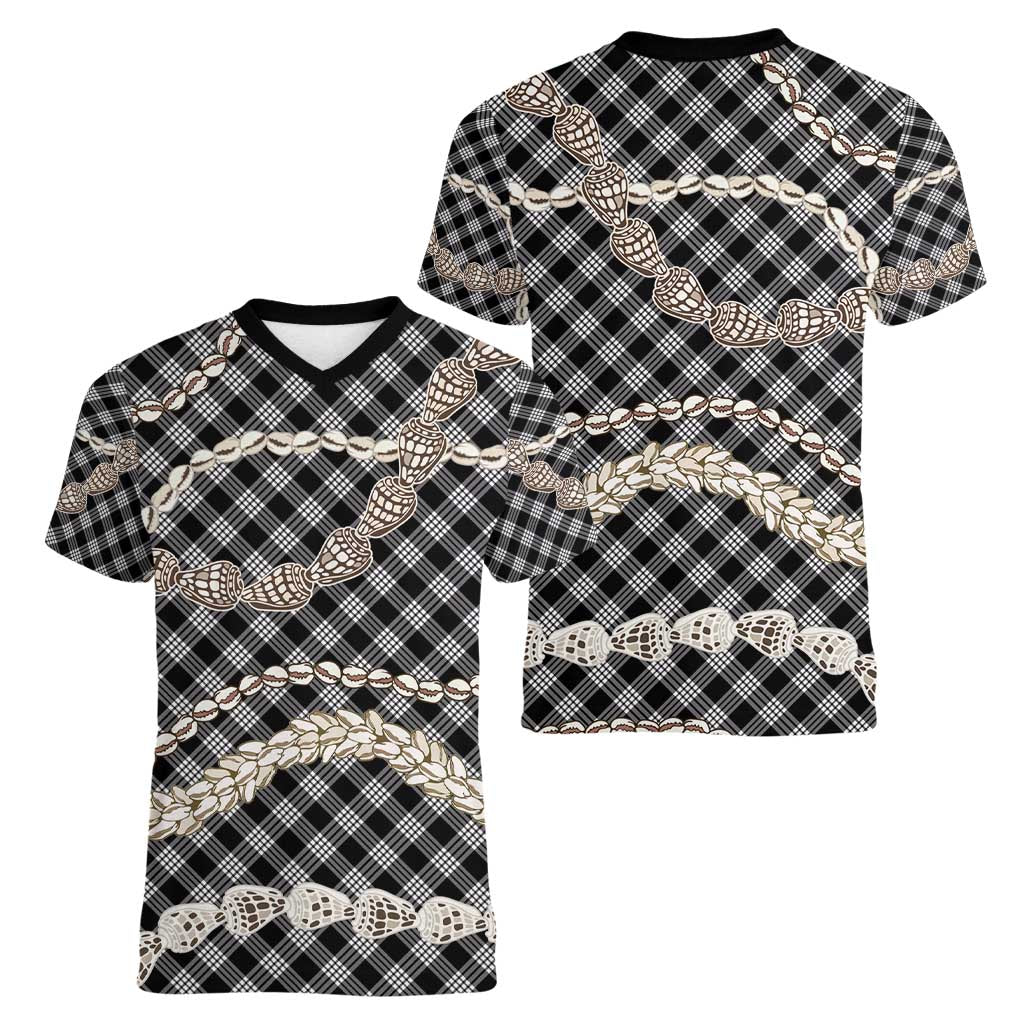 Black Aloha Hawaii Shell Lei Women V-Neck T-Shirt Palaka Hebrew Cone Honey Cowrie Elegant Curves - Polynesian Pride