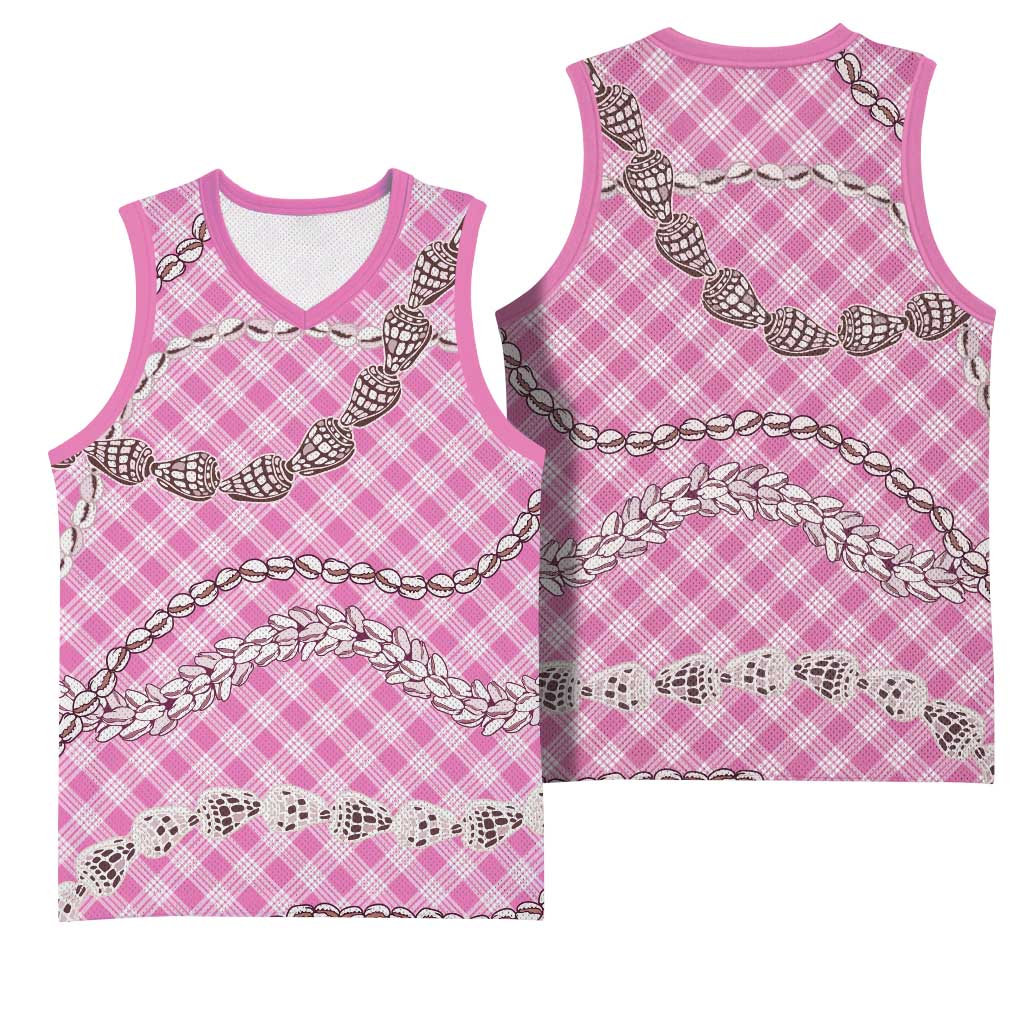 Pink Aloha Hawaii Shell Lei Basketball Jersey Palaka Hebrew Cone Honey Cowrie Elegant Curves - Polynesian Pride