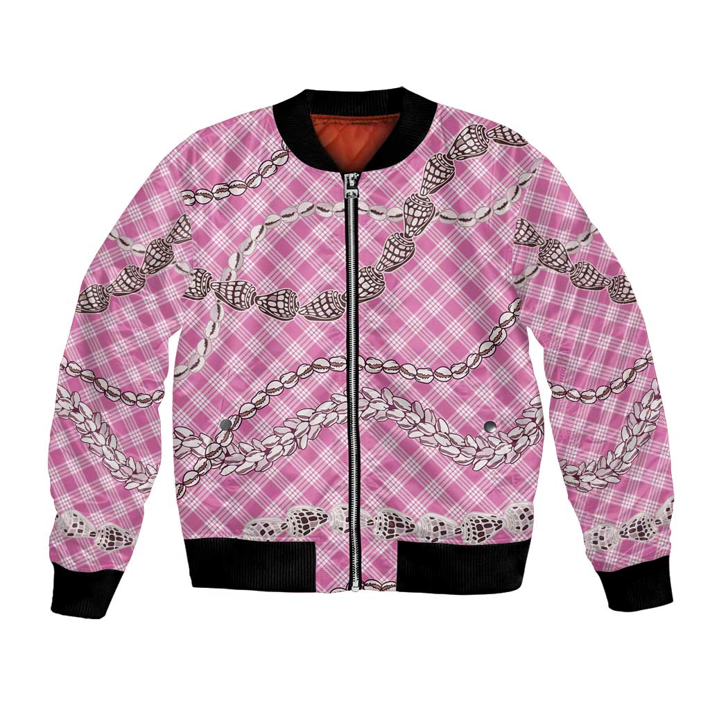 Pink Aloha Hawaii Shell Lei Bomber Jacket Palaka Hebrew Cone Honey Cowrie Elegant Curves - Polynesian Pride