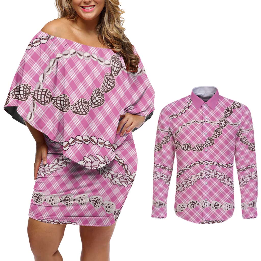 Pink Aloha Hawaii Shell Lei Couples Matching Off Shoulder Short Dress and Long Sleeve Button Shirt Palaka Hebrew Cone Honey Cowrie Elegant Curves - Polynesian Pride