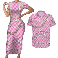 Pink Aloha Hawaii Shell Lei Couples Matching Short Sleeve Bodycon Dress and Hawaiian Shirt Palaka Hebrew Cone Honey Cowrie Elegant Curves - Polynesian Pride