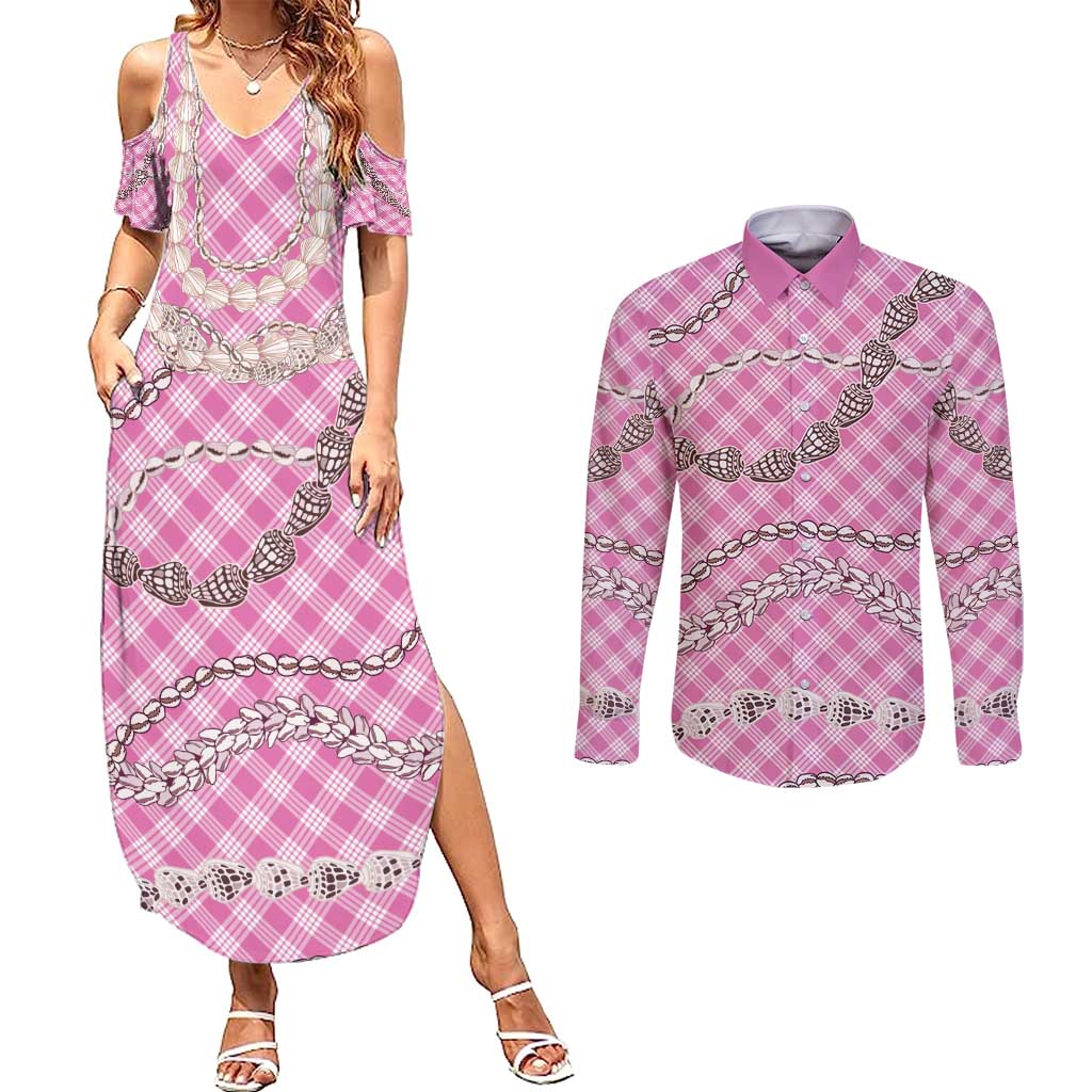 Pink Aloha Hawaii Shell Lei Couples Matching Summer Maxi Dress and Long Sleeve Button Shirt Palaka Hebrew Cone Honey Cowrie Elegant Curves - Polynesian Pride