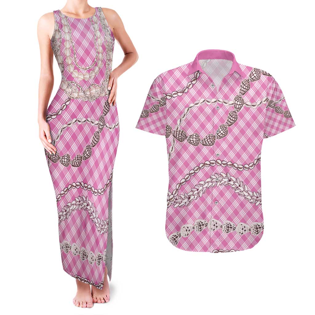 Pink Aloha Hawaii Shell Lei Couples Matching Tank Maxi Dress and Hawaiian Shirt Palaka Hebrew Cone Honey Cowrie Elegant Curves - Polynesian Pride