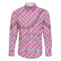 Pink Aloha Hawaii Shell Lei Family Matching Off Shoulder Short Dress and Hawaiian Shirt Palaka Hebrew Cone Honey Cowrie Elegant Curves - Polynesian Pride