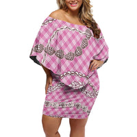 Pink Aloha Hawaii Shell Lei Family Matching Off Shoulder Short Dress and Hawaiian Shirt Palaka Hebrew Cone Honey Cowrie Elegant Curves - Polynesian Pride