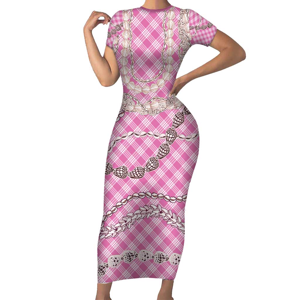 Pink Aloha Hawaii Shell Lei Family Matching Short Sleeve Bodycon Dress and Hawaiian Shirt Palaka Hebrew Cone Honey Cowrie Elegant Curves - Polynesian Pride