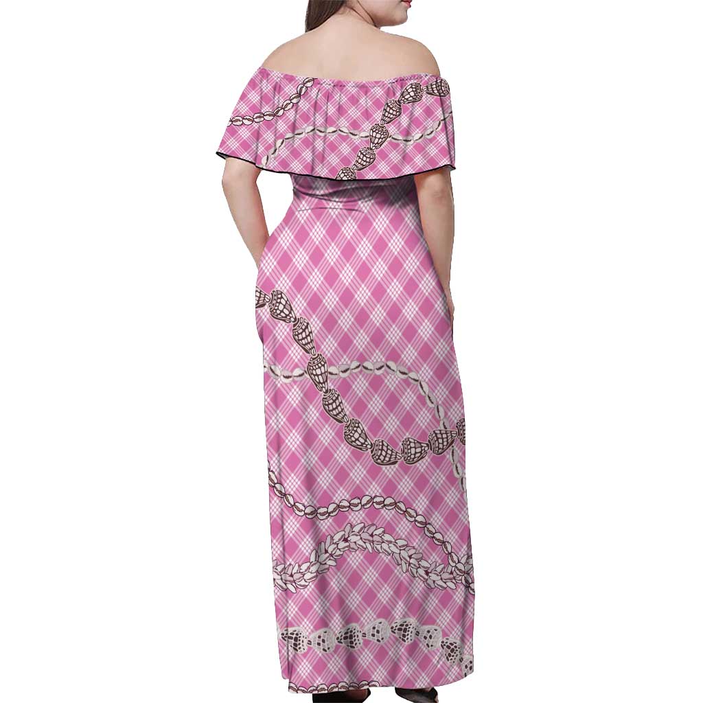 Pink Aloha Hawaii Shell Lei Off Shoulder Maxi Dress Palaka Hebrew Cone Honey Cowrie Elegant Curves - Polynesian Pride