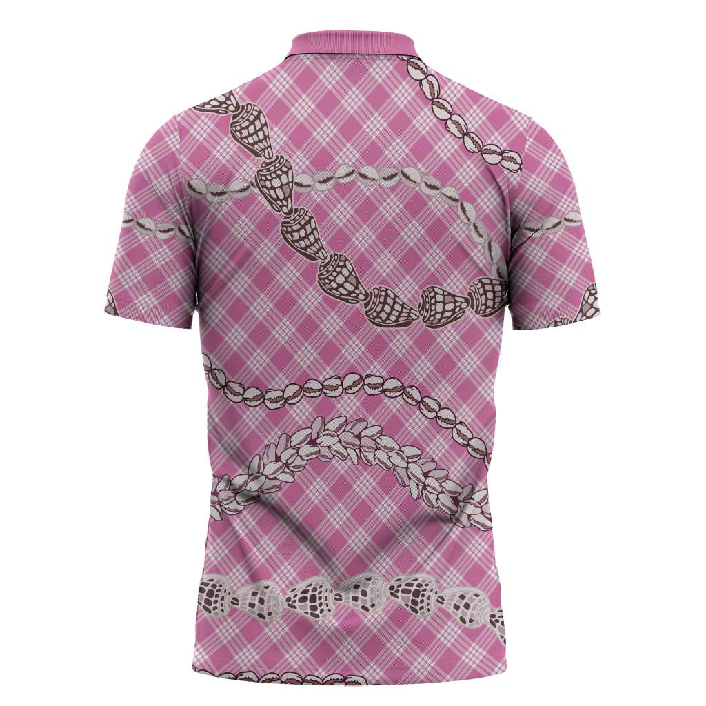 Pink Aloha Hawaii Shell Lei Zipper Polo Shirt Palaka Hebrew Cone Honey Cowrie Elegant Curves - Polynesian Pride