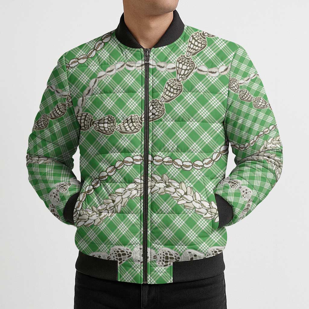 Green Aloha Hawaii Shell Lei Bomber Puffer Jacket Palaka Hebrew Cone Honey Cowrie Elegant Curves - Polynesian Pride