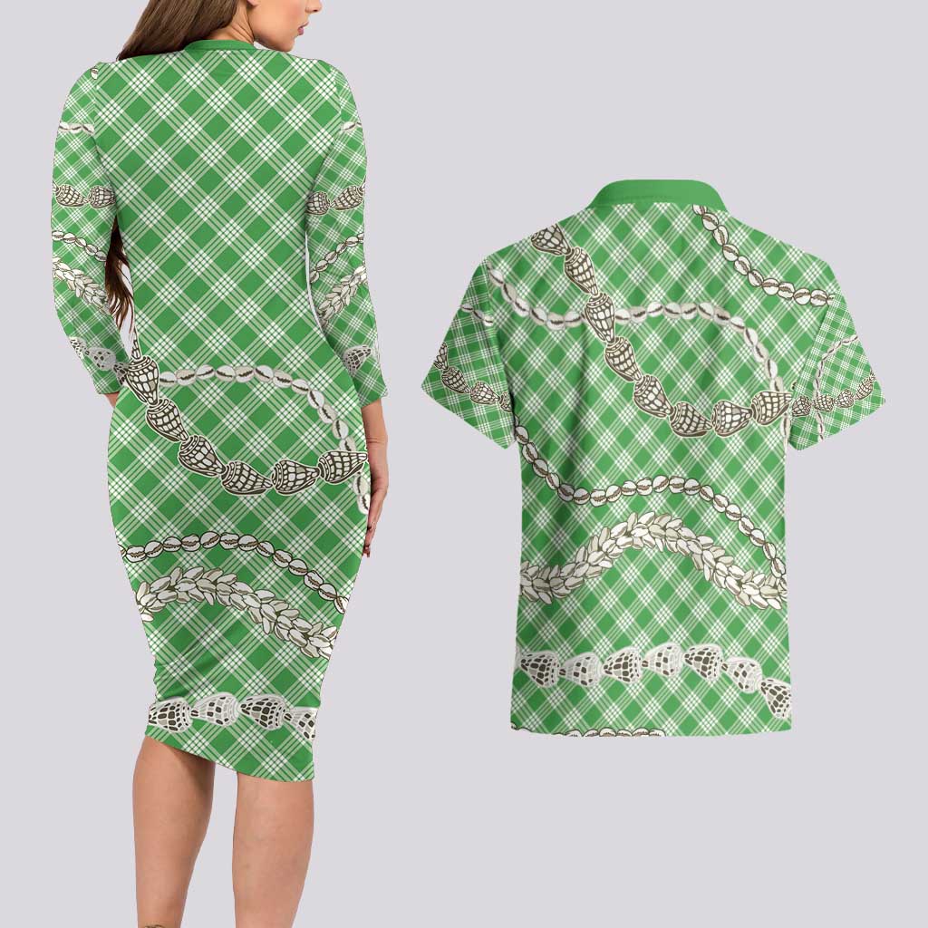 Green Aloha Hawaii Shell Lei Couples Matching Long Sleeve Bodycon Dress and Hawaiian Shirt Palaka Hebrew Cone Honey Cowrie Elegant Curves - Polynesian Pride