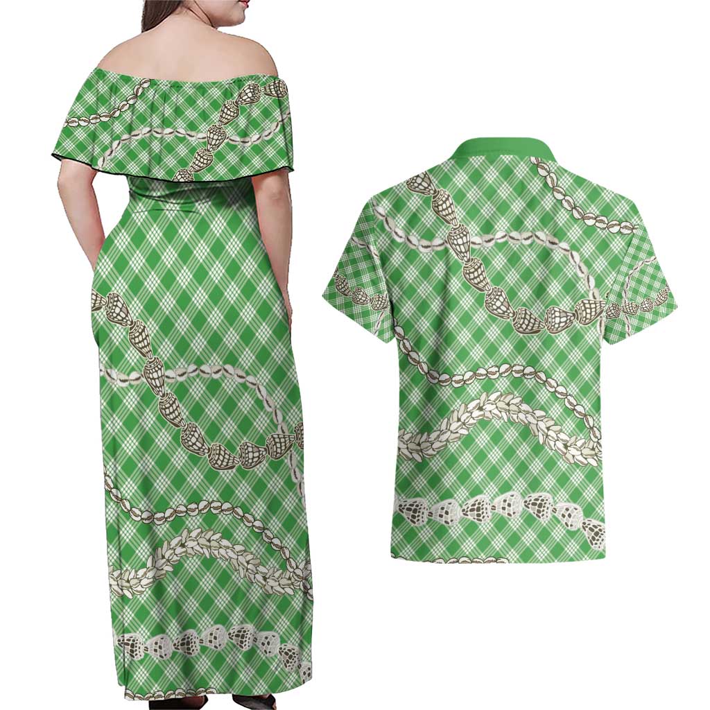 Green Aloha Hawaii Shell Lei Couples Matching Off Shoulder Maxi Dress and Hawaiian Shirt Palaka Hebrew Cone Honey Cowrie Elegant Curves - Polynesian Pride