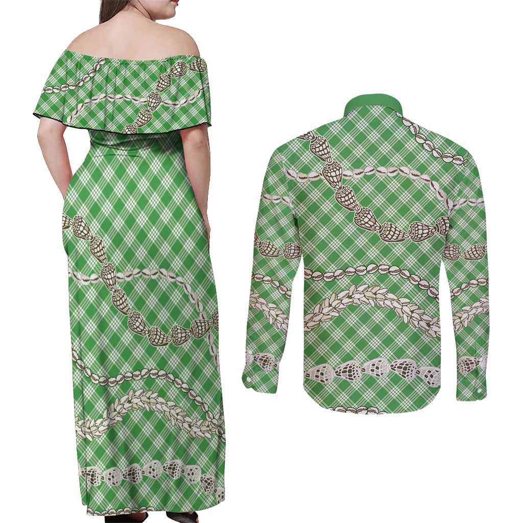 Green Aloha Hawaii Shell Lei Couples Matching Off Shoulder Maxi Dress and Long Sleeve Button Shirt Palaka Hebrew Cone Honey Cowrie Elegant Curves - Polynesian Pride