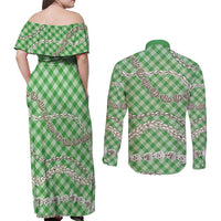 Green Aloha Hawaii Shell Lei Couples Matching Off Shoulder Maxi Dress and Long Sleeve Button Shirt Palaka Hebrew Cone Honey Cowrie Elegant Curves - Polynesian Pride