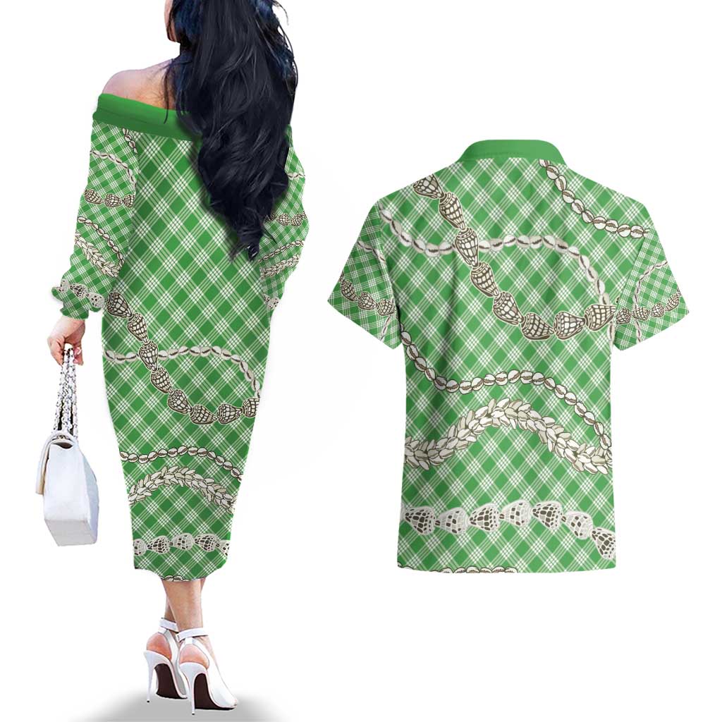 Green Aloha Hawaii Shell Lei Couples Matching Off The Shoulder Long Sleeve Dress and Hawaiian Shirt Palaka Hebrew Cone Honey Cowrie Elegant Curves - Polynesian Pride