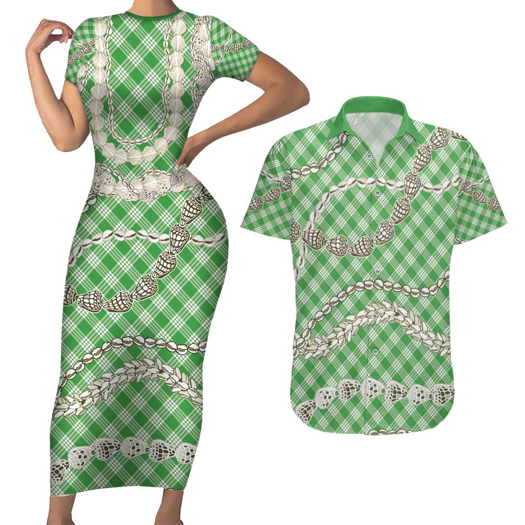 Green Aloha Hawaii Shell Lei Couples Matching Short Sleeve Bodycon Dress and Hawaiian Shirt Palaka Hebrew Cone Honey Cowrie Elegant Curves - Polynesian Pride