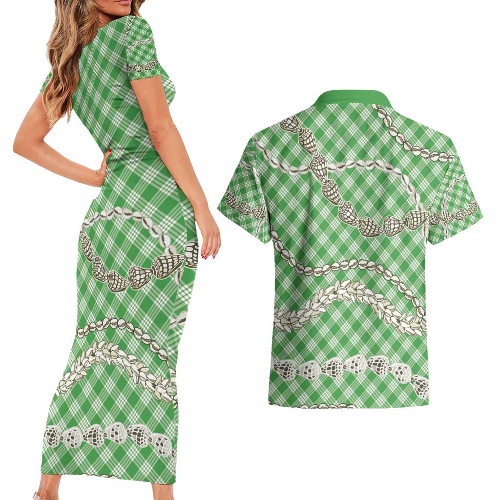 Green Aloha Hawaii Shell Lei Couples Matching Short Sleeve Bodycon Dress and Hawaiian Shirt Palaka Hebrew Cone Honey Cowrie Elegant Curves - Polynesian Pride