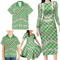 Green Aloha Hawaii Shell Lei Family Matching Long Sleeve Bodycon Dress and Hawaiian Shirt Palaka Hebrew Cone Honey Cowrie Elegant Curves - Polynesian Pride