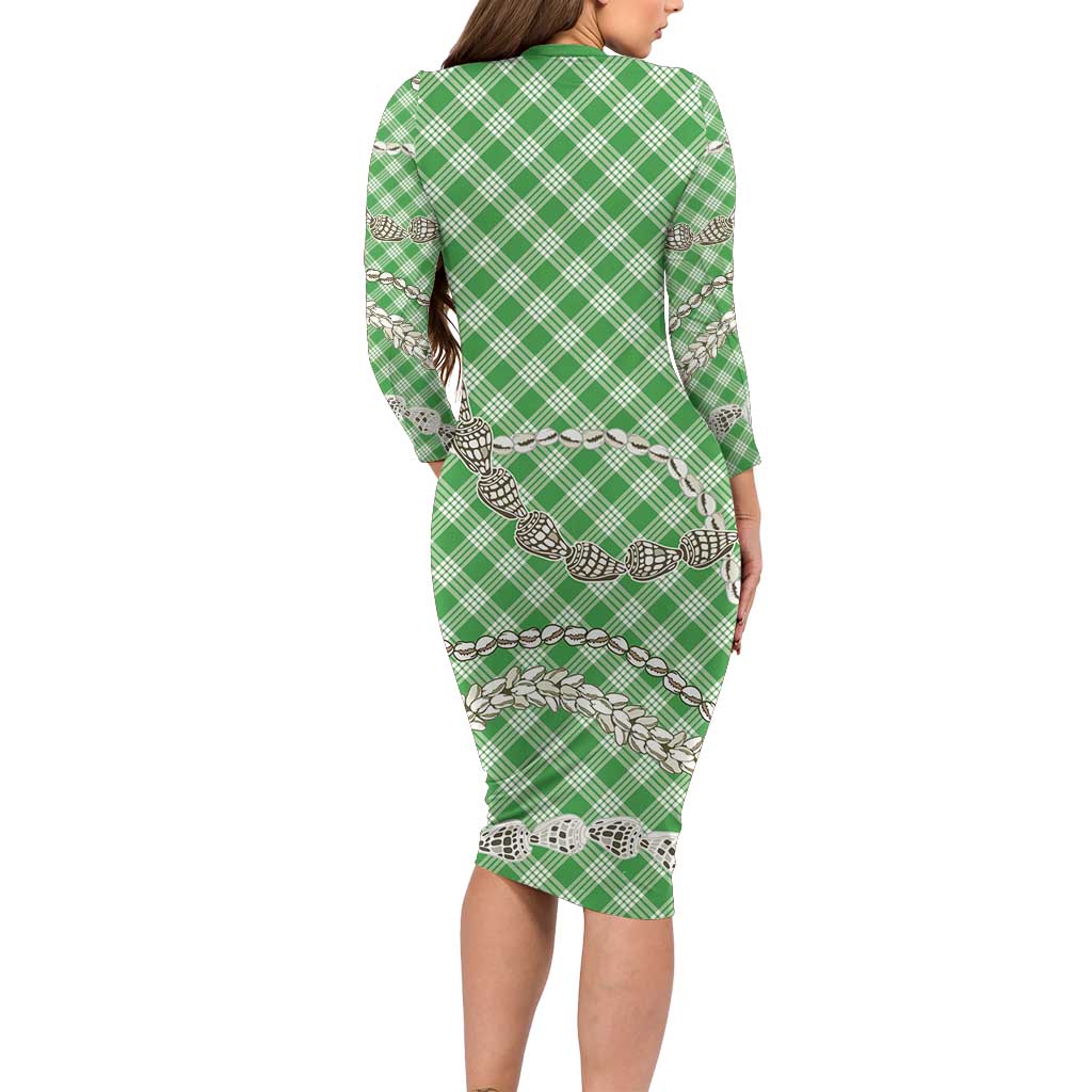 Green Aloha Hawaii Shell Lei Family Matching Long Sleeve Bodycon Dress and Hawaiian Shirt Palaka Hebrew Cone Honey Cowrie Elegant Curves - Polynesian Pride