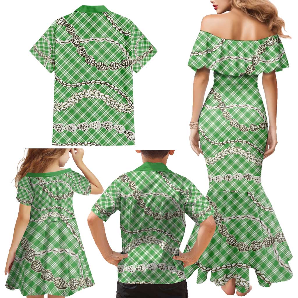 Green Aloha Hawaii Shell Lei Family Matching Mermaid Dress and Hawaiian Shirt Palaka Hebrew Cone Honey Cowrie Elegant Curves - Polynesian Pride