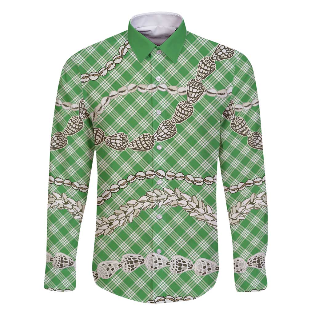 Green Aloha Hawaii Shell Lei Family Matching Off Shoulder Maxi Dress and Hawaiian Shirt Palaka Hebrew Cone Honey Cowrie Elegant Curves - Polynesian Pride