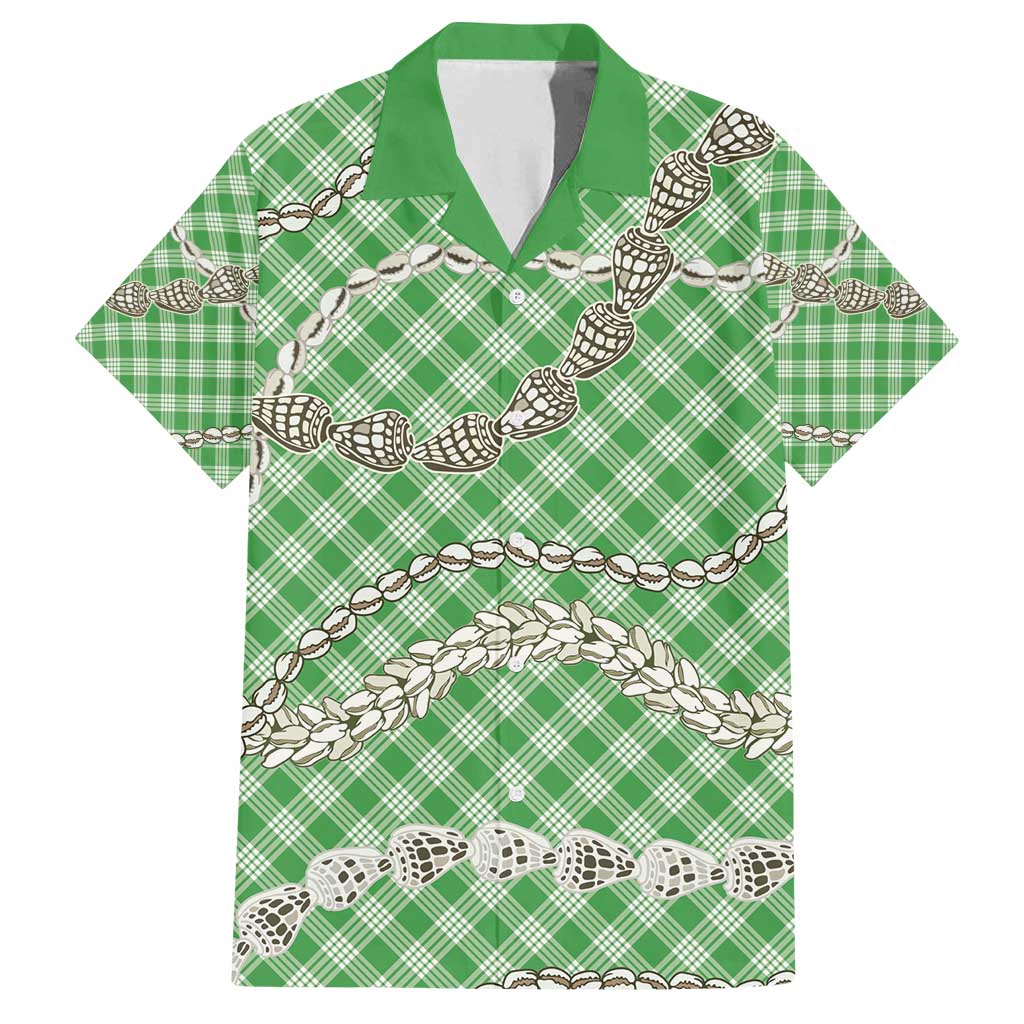 Green Aloha Hawaii Shell Lei Family Matching Off Shoulder Short Dress and Hawaiian Shirt Palaka Hebrew Cone Honey Cowrie Elegant Curves - Polynesian Pride