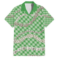 Green Aloha Hawaii Shell Lei Family Matching Off Shoulder Short Dress and Hawaiian Shirt Palaka Hebrew Cone Honey Cowrie Elegant Curves - Polynesian Pride
