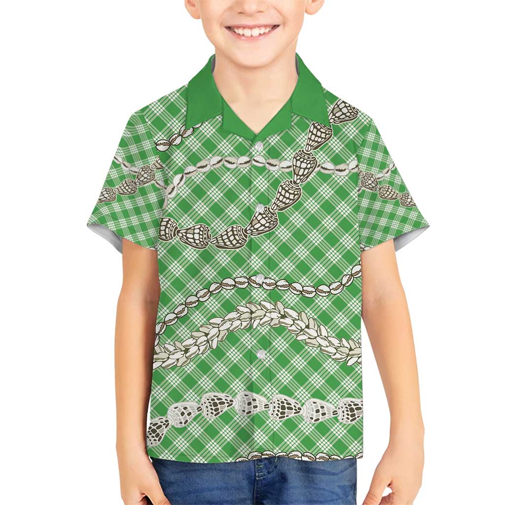 Green Aloha Hawaii Shell Lei Family Matching Off Shoulder Short Dress and Hawaiian Shirt Palaka Hebrew Cone Honey Cowrie Elegant Curves - Polynesian Pride