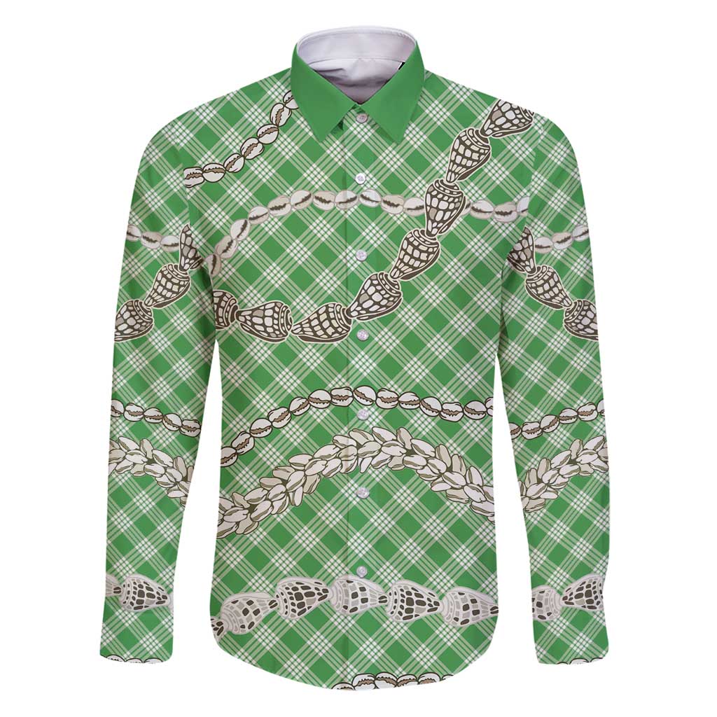 Green Aloha Hawaii Shell Lei Family Matching Puletasi and Hawaiian Shirt Palaka Hebrew Cone Honey Cowrie Elegant Curves - Polynesian Pride